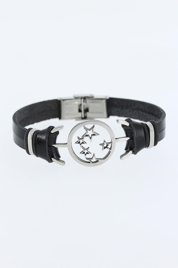 Men's Silver Star Figure Metal Accessory Black Leather Bracelet