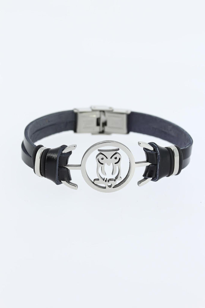 Men's Silver Metal Owl Figure Black Leather Bracelet