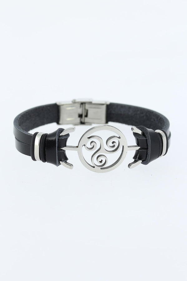 Men's Silver Metal Accessory Black Leather Bracelet