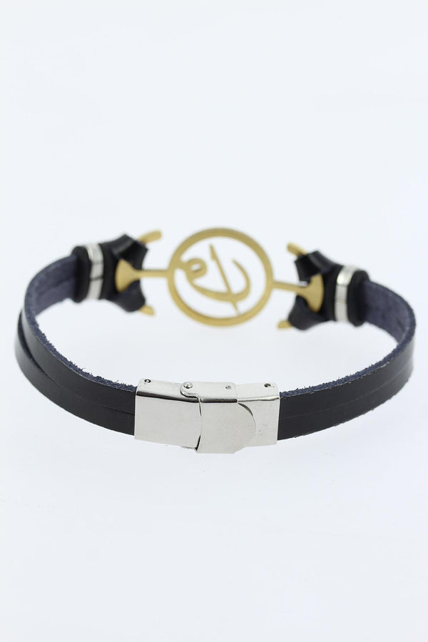 Men's Golden Metal Accessory Black Leather Bracelet