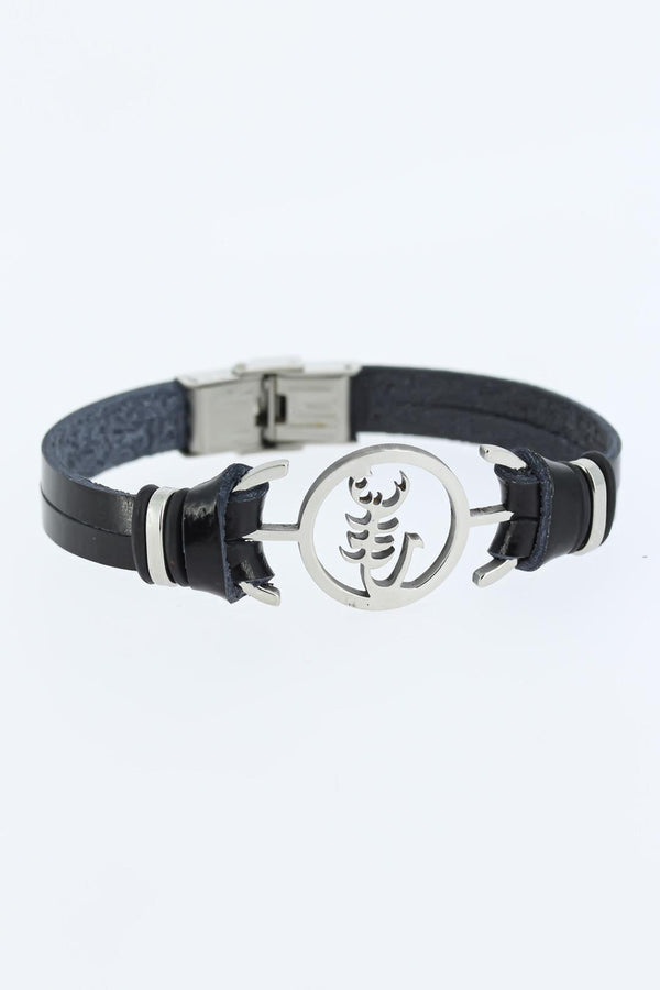 Men's Silver Scorpion Figure Metal Accessory Black Leather Bracelet