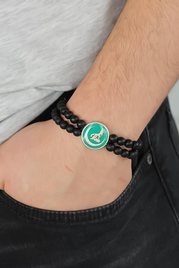 Men's Green Metal Accessory Black Natural Onyx Stone Bracelet