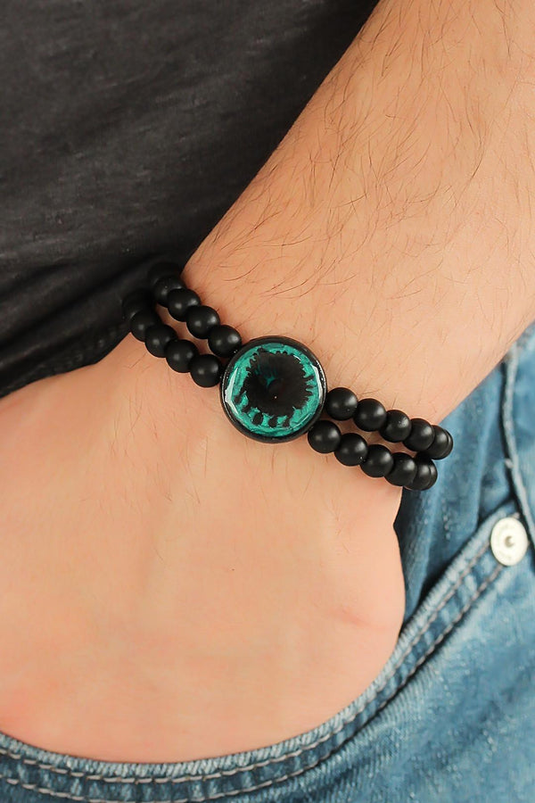 Men's Metal Accessory Double Layer Black Natural Stone Bracelet