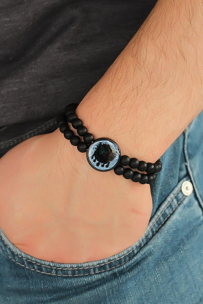 Men's Metal Accessory Double Layer Black Natural Stone Bracelet