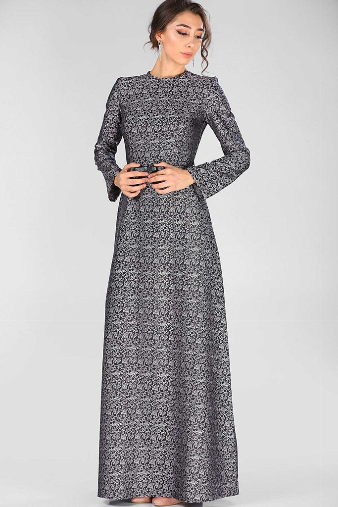 Belted Waist Patterned Evening Dress