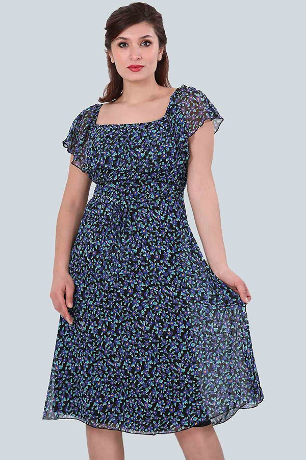 Women's Patterned Navy Blue Chiffon Midi Dress