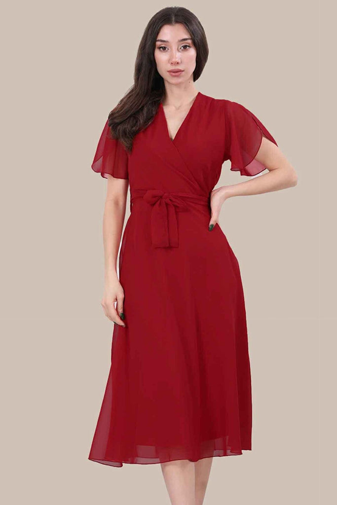 Women's Wrap Collar Red Chiffon Midi Dress