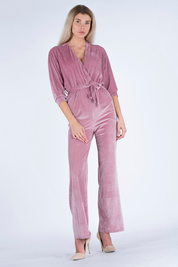 Women's Belted Powder Rose Velvet Overall