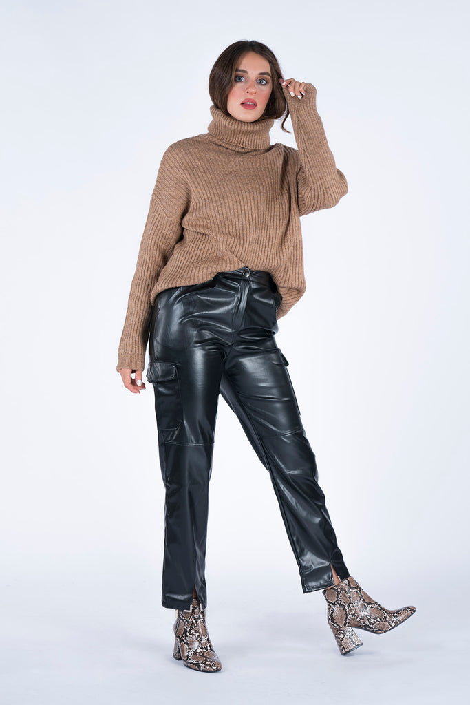 Women's Artificial Leather Cargo Pants