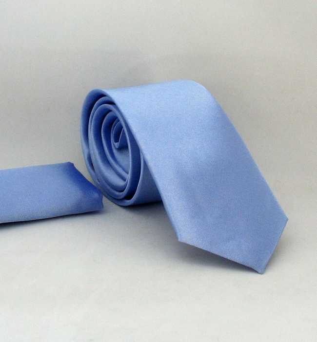 Plain Light Blue Satin Handkerchief Slim Fit Tie