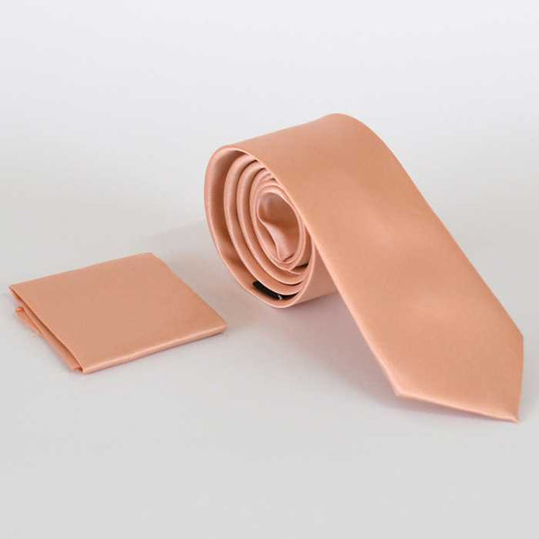 Plain Light Powder Rose Slim Fit Satin Handkerchief Tie Set