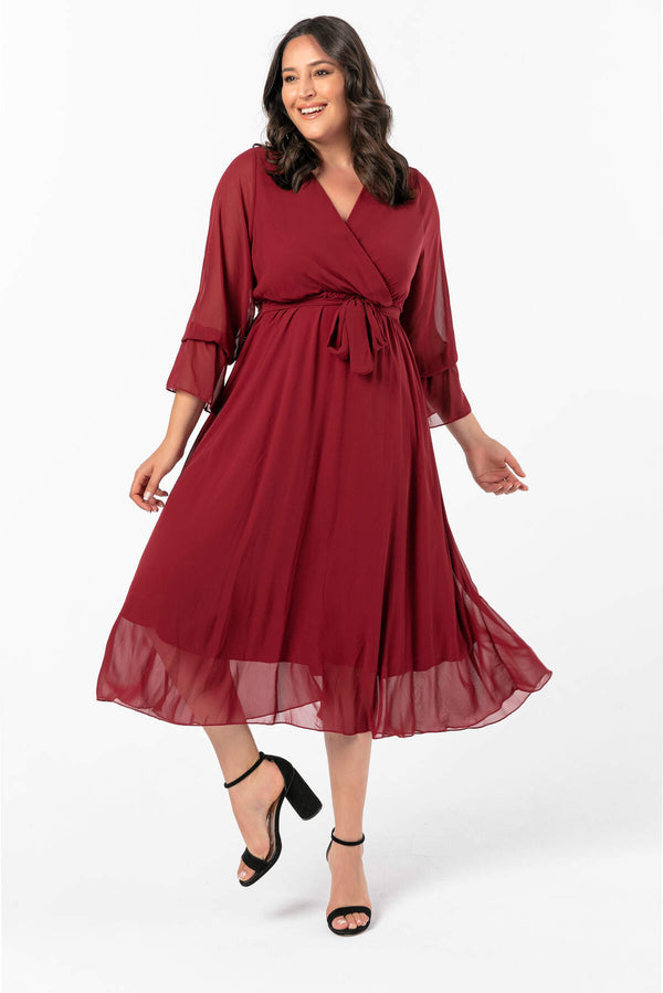Women's Oversize Chiffon Sleeves Claret Red Evening Dress
