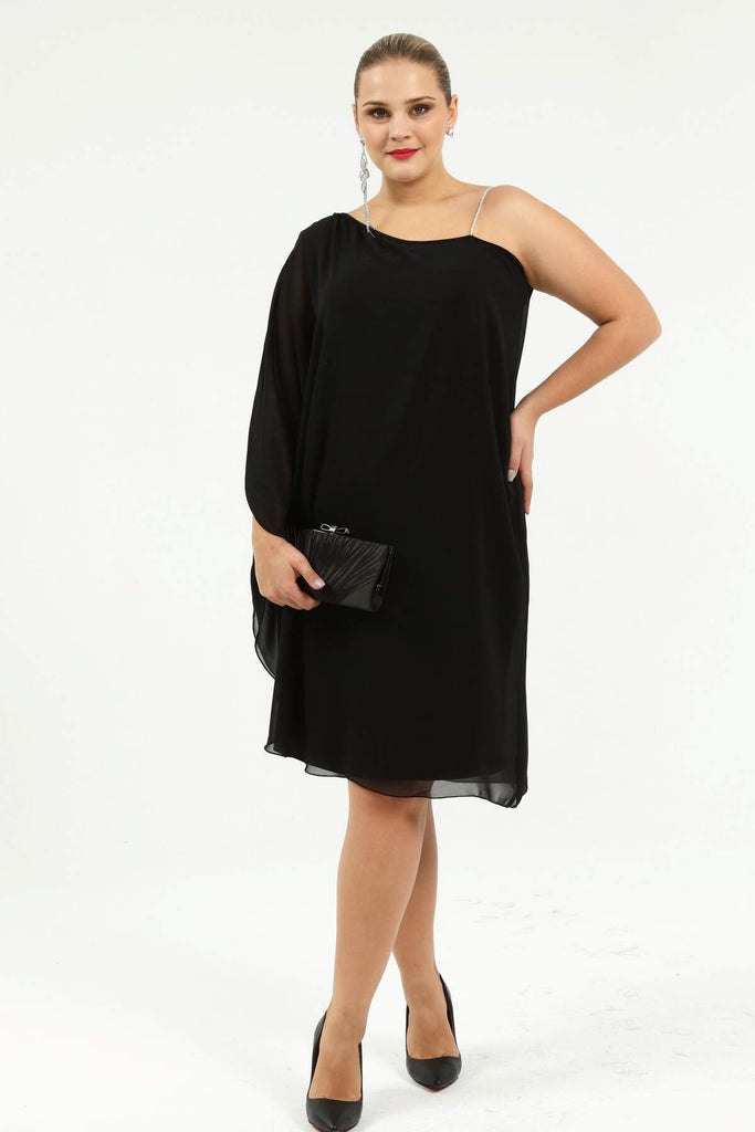 Women's Oversize Gemmed Strap Black Chiffon Evening Dress