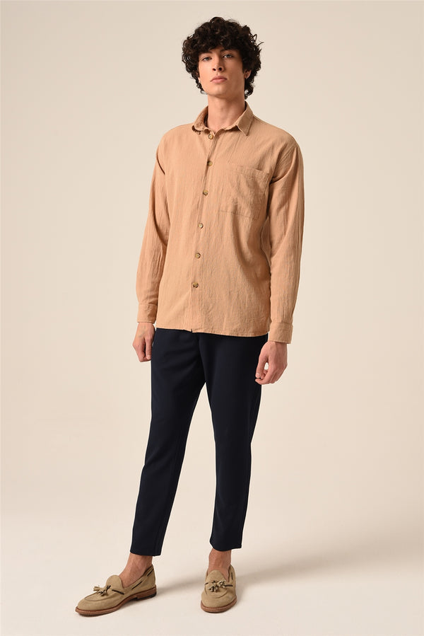 Men's Long Sleeves Beige Cotton Shirt