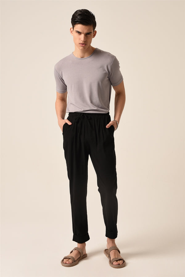 Men's Tie Waist Black Linen Jogger Pants
