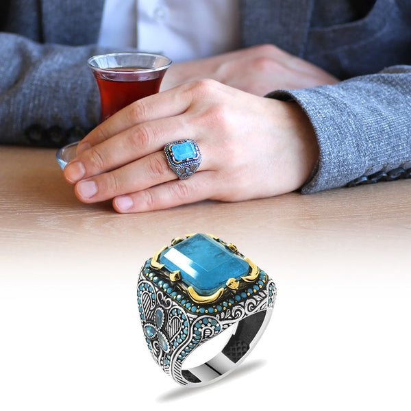 Men's Aqua Gemmed 925 Carat Silver Ring