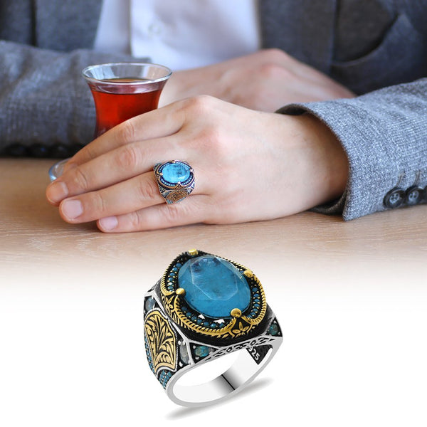 Men's Aqua Gemmed 925 Carat Silver Ring