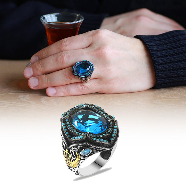 Men's Aqua Zircon Gemmed 925 Carat Silver Ring