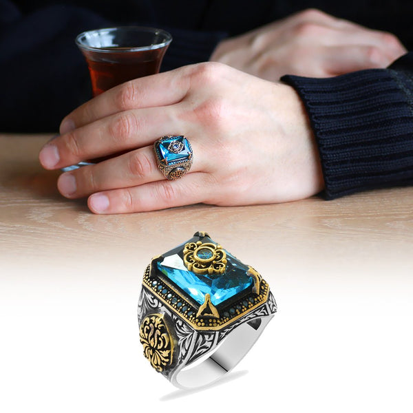 Men's Aqua Zircon Gemmed 925 Carat Silver Ring