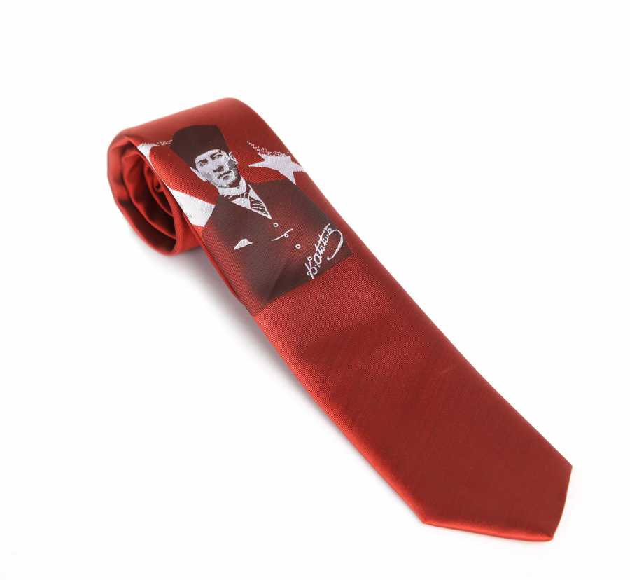 Atatürk Signed Patterned Red Woven Tie