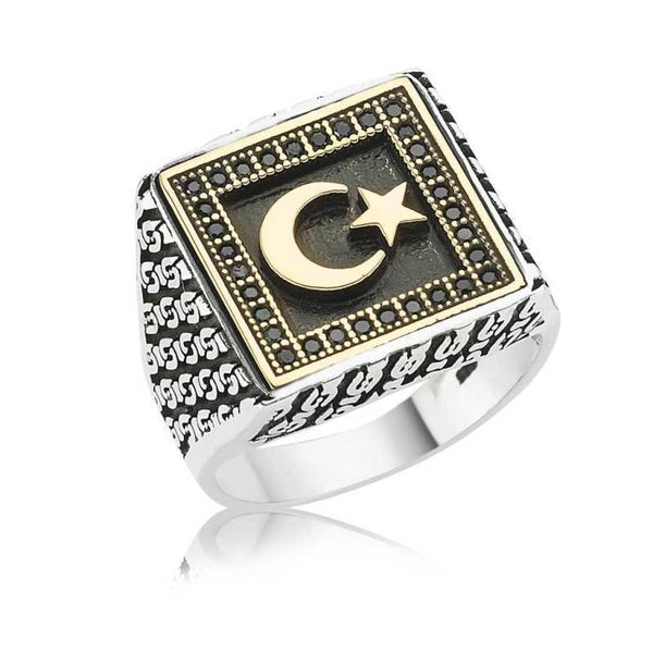 Men's Star Crescent Design Silver Ring