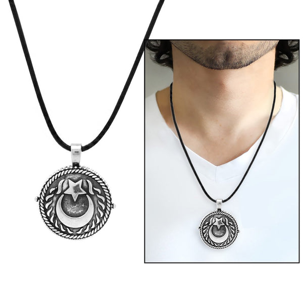 Men's Crescent Star Design 925 Carat Silver Ayatul Kursi Pendant Necklace