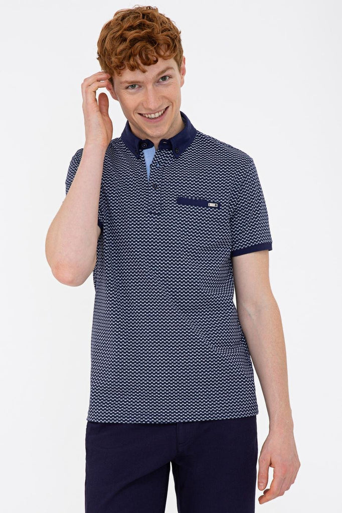 Men's Polo Collar Patterned Navy Blue T-shirt