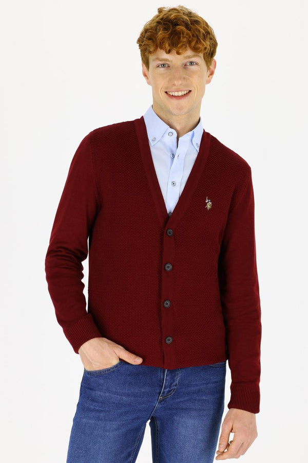 Men's Crew Neck Basic Claret Red Tricot Cardigan