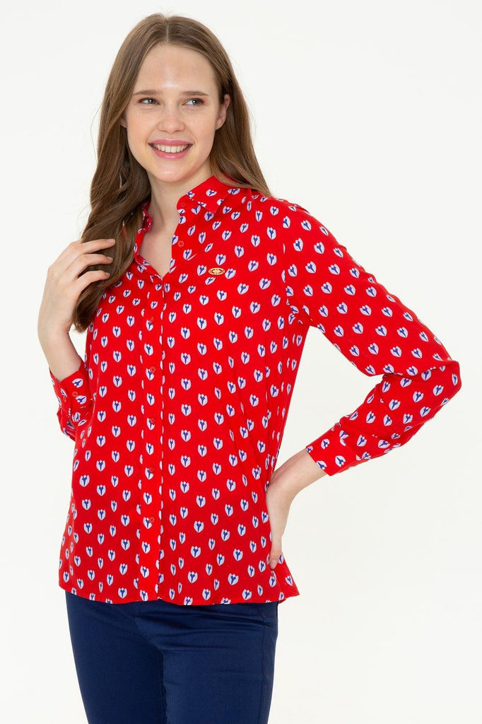 Women's Long Sleeves Patterned Red Shirt