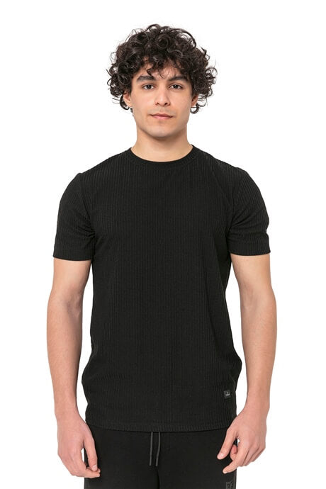 Siyah Erkek Basic Fit Çizgili Bisiklet Yaka T-shirt