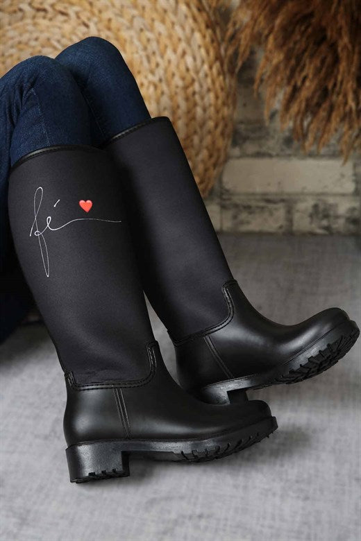 Women's Printed Black Rain Boots