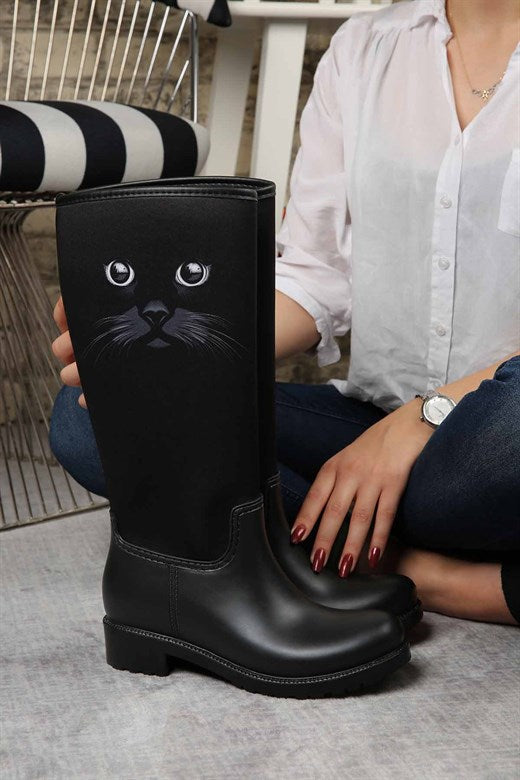 Women's Cat Print Black Rain Boots