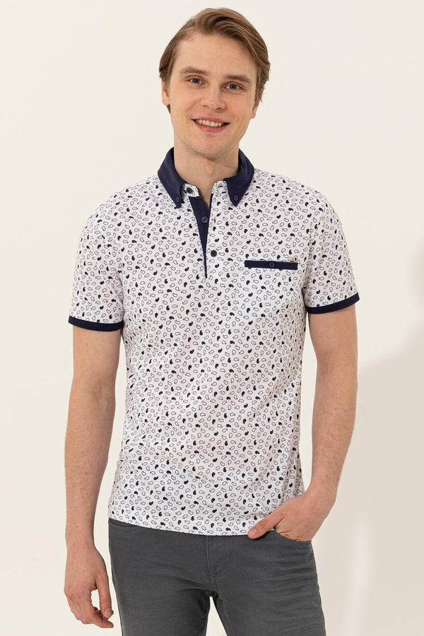 Men's Polo Collar Patterned White T-shirt