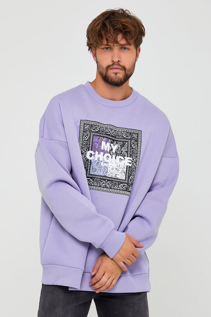 Men's Printed Lilac Three Ply Sweatshirt