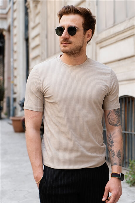 Bej Erkek Basic Fit Çizgili Bisiklet Yaka T-shirt