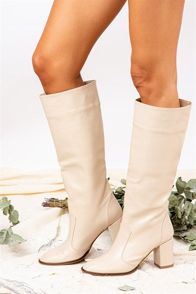 Women's Long Beige Heeled Boots