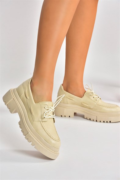 Women's Thick Sole Beige Moccasin Shoes