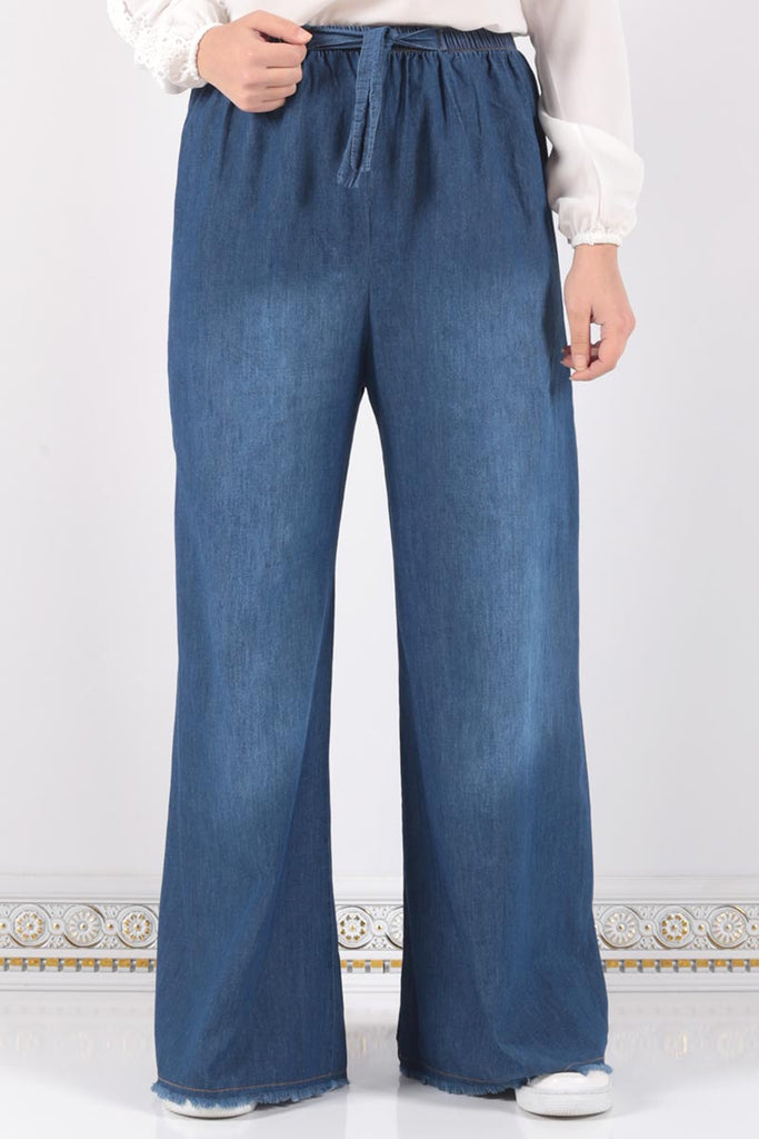 Women's Elastic Waist Wide Legs Dark Blue Pants