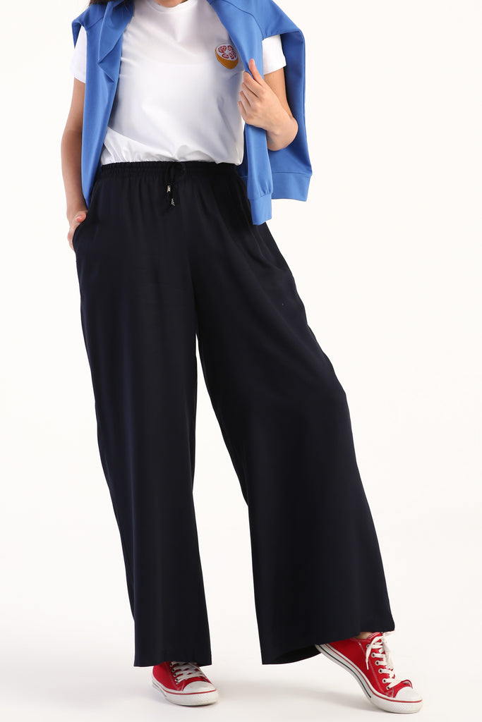 Women's Elastic Waist Navy Blue Viscose Pants