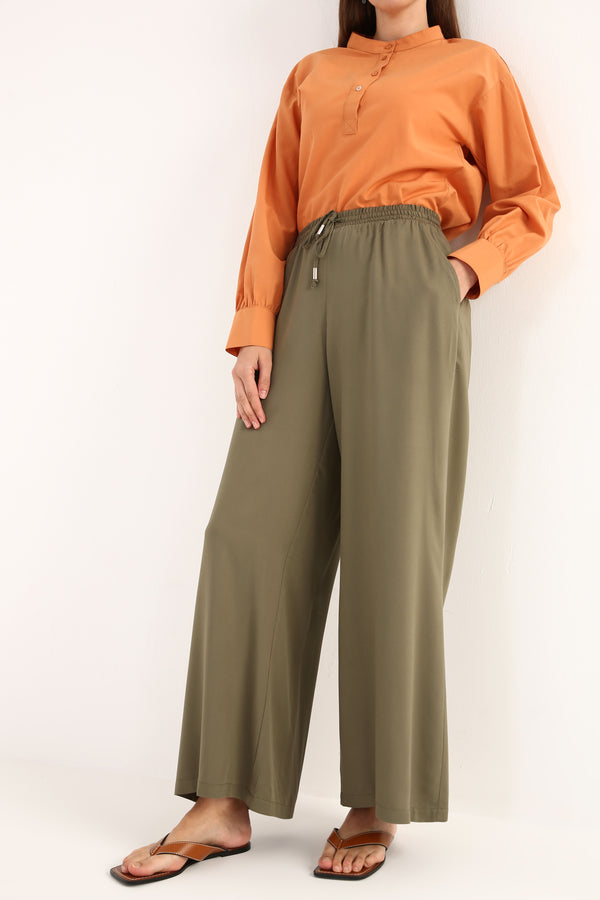 Women's Elastic Waist Green Viscose Pants