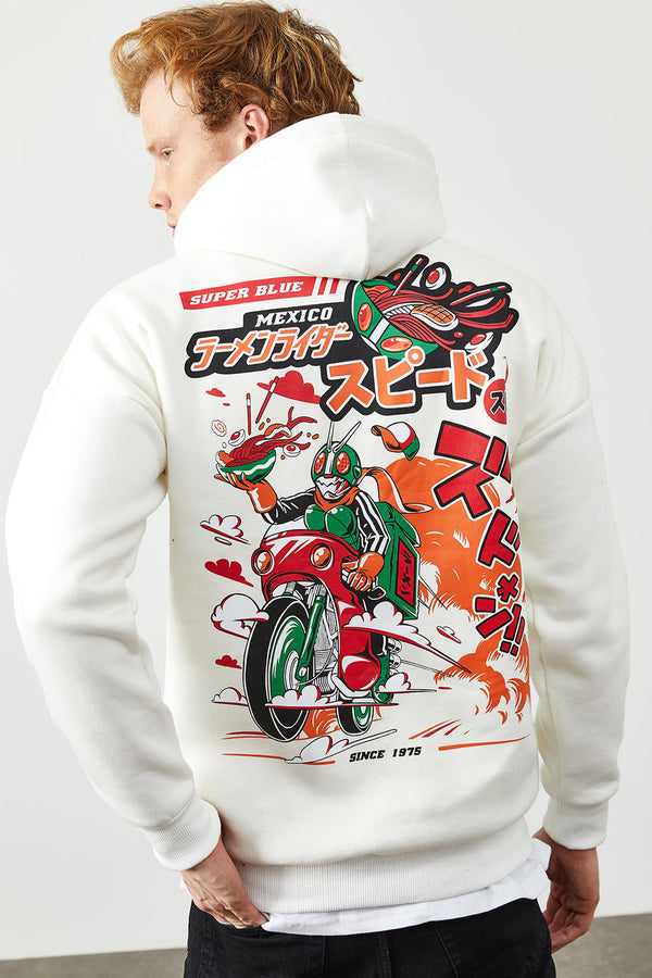 Men's Hooded Back Printed White Sweatshirt