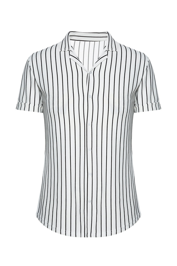 Men's Wrap Collar Striped White Shirt