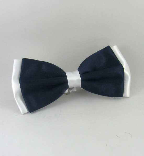 White Navy Blue Satin Bowtie