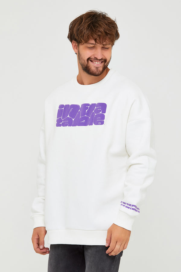 Men's Printed White Three Ply Sweatshirt