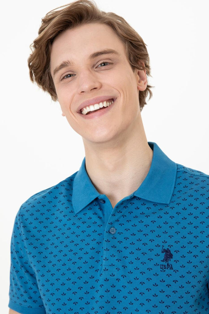 Men's Polo Collar Patterned Petrol Green T-shirt