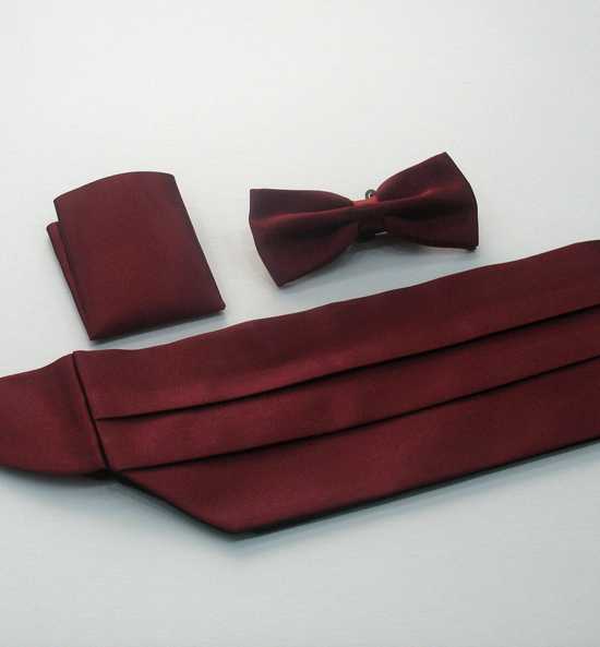 Plain Claret Red Satin Belt Cummerbund BowTie Pocket Handkerchief Set