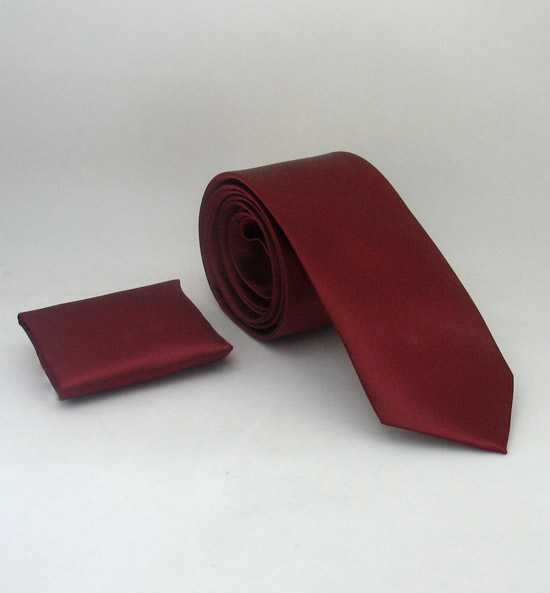 Plain Claret Red Satin Handkerchief Slim Fit Tie