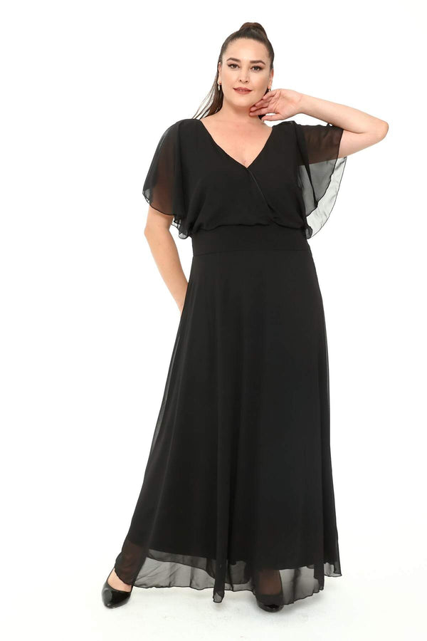 Women's Oversize V Neck Black Chiffon Evening Dress