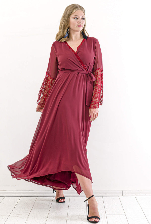 Women's Oversize Ruffle Sleeves Claret Red Chiffon Evening Dress