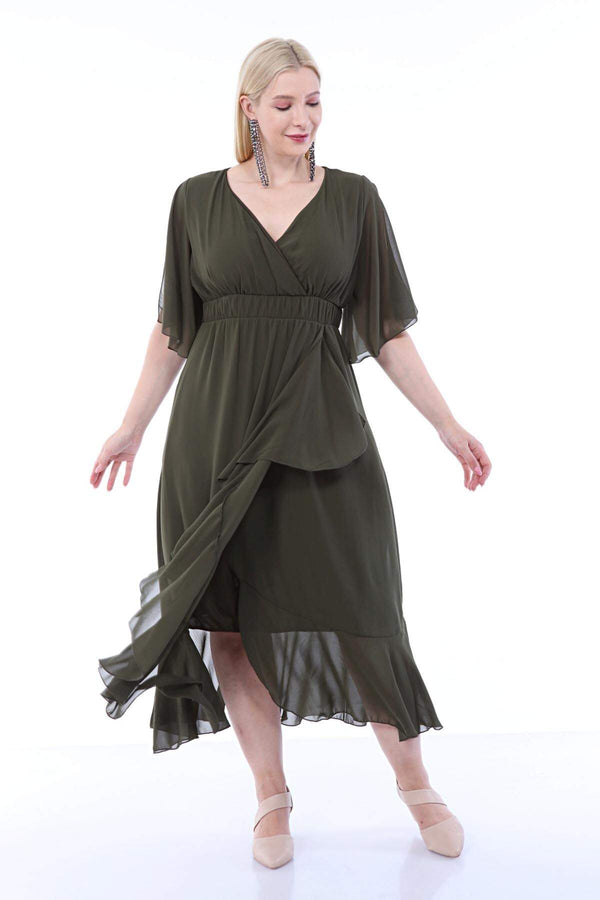 Women's Oversize Frill Khaki Chiffon Dress